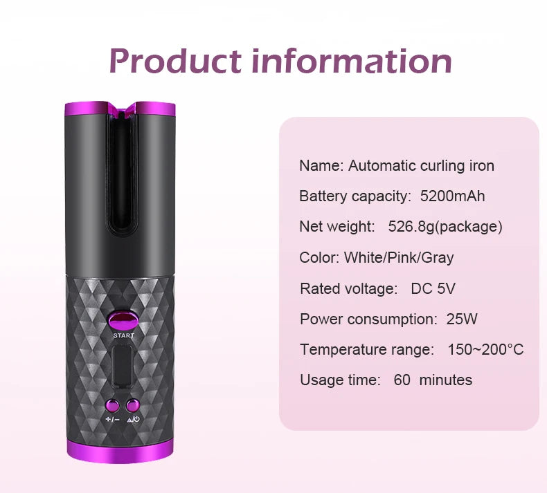 Fer à boucler automatique sans fil portable – 3 couleurs, charge USB, anti-brûlure, pour coiffage