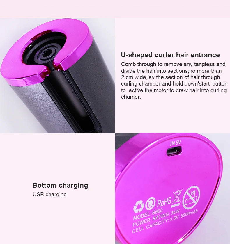 Fer à boucler automatique sans fil portable – 3 couleurs, charge USB, anti-brûlure, pour coiffage