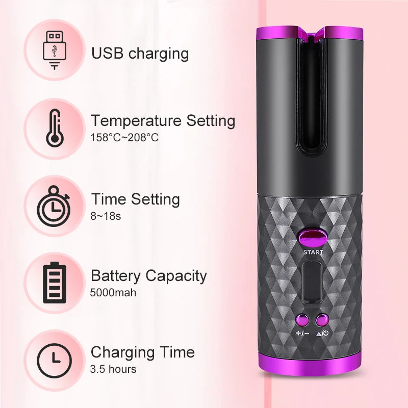 Fer à boucler automatique sans fil portable – 3 couleurs, charge USB, anti-brûlure, pour coiffage