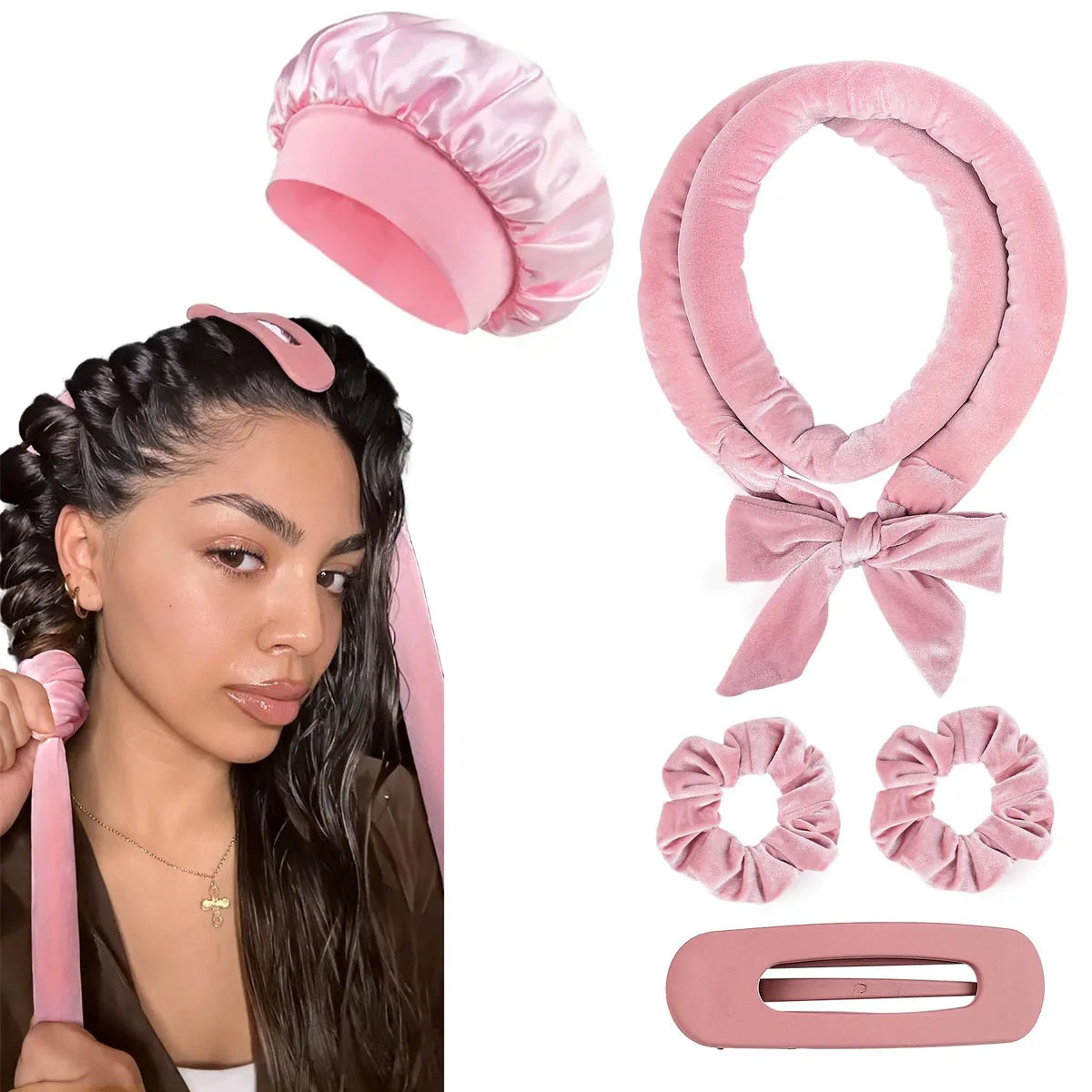 Rouleaux coiffants sans chaleur – Bandeau bouclant, bigoudis doux en satin, bonnet de nuit, outils de coiffage