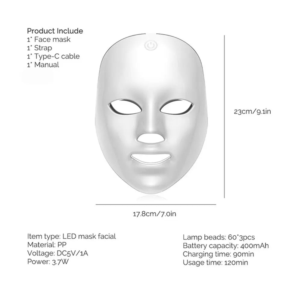 Machine de beauté faciale LED 7 couleurs sans fil – Masque rajeunissant pour le visage et le cou, resserrement de la peau