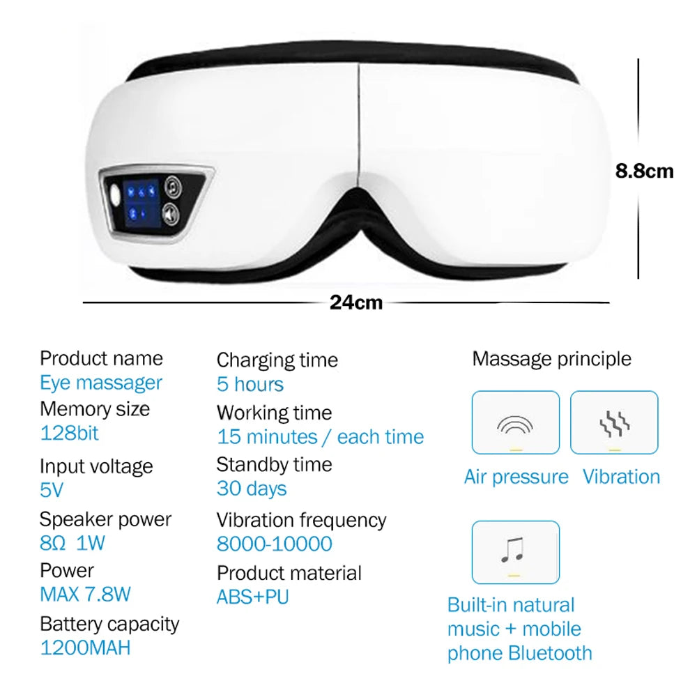 Masseur oculaire intelligent 6D à vibration – Airbag, compression, soin des yeux, musique Bluetooth, masque de sommeil