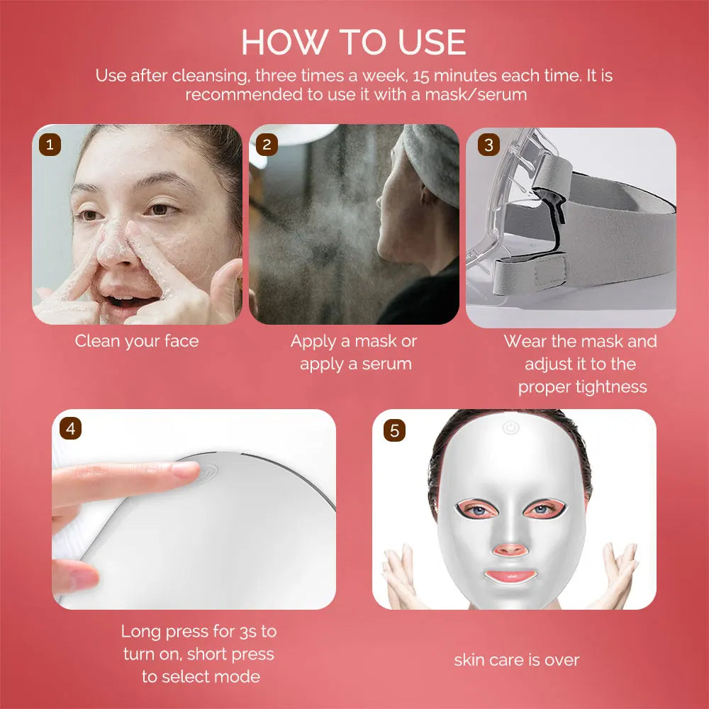 Machine de beauté faciale LED 7 couleurs sans fil – Masque rajeunissant pour le visage et le cou, resserrement de la peau