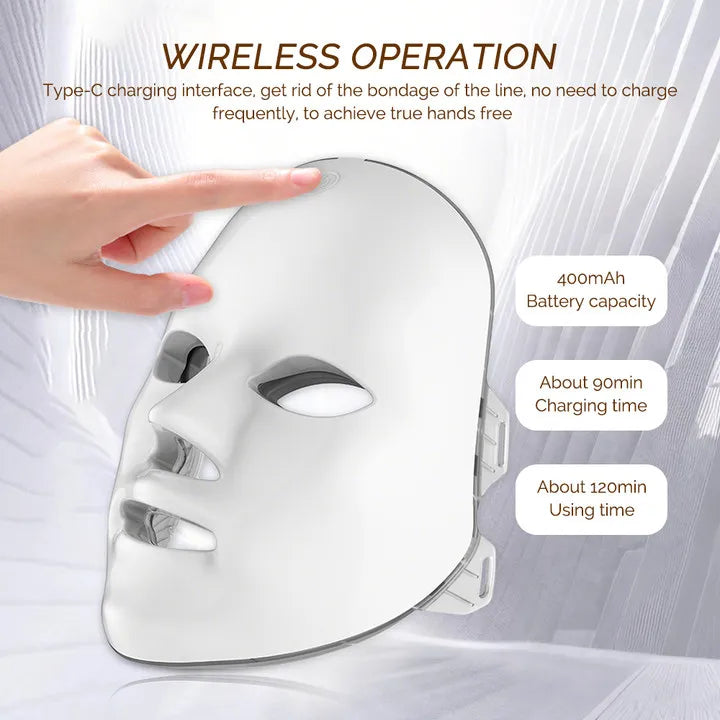 Machine de beauté faciale LED 7 couleurs sans fil – Masque rajeunissant pour le visage et le cou, resserrement de la peau