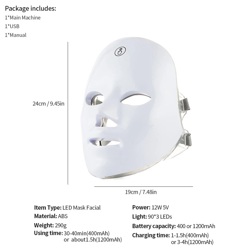 Machine de beauté faciale LED 7 couleurs sans fil – Masque rajeunissant pour le visage et le cou, resserrement de la peau