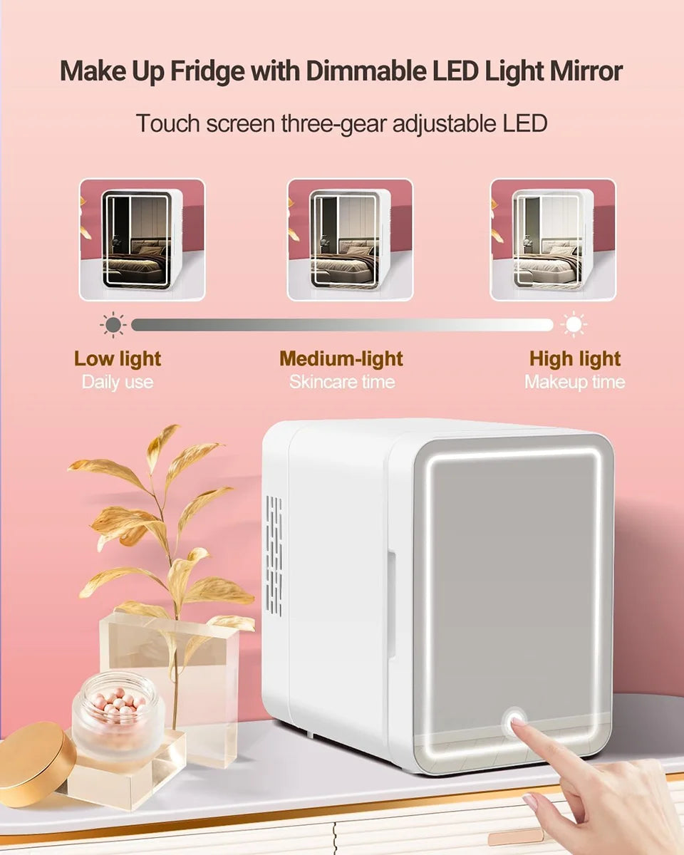 Mini réfrigérateur 4L chaud et froid avec miroir LED – Réfrigérateur de maquillage portable, stockage cosmétique, pour voiture et maison