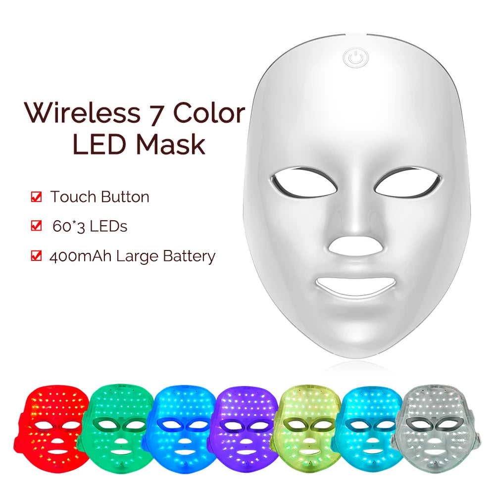 Machine de beauté faciale LED 7 couleurs sans fil – Masque rajeunissant pour le visage et le cou, resserrement de la peau