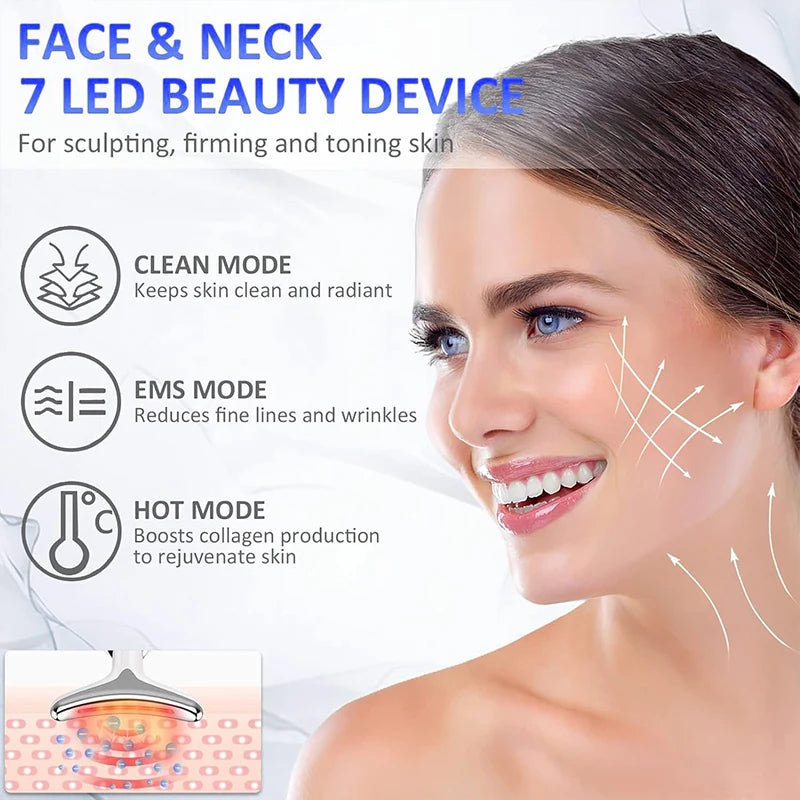Appareil lifting visage et cou EMS 7 couleurs – Masseur raffermissant, thérapie LED photonique, anti-rides, double menton