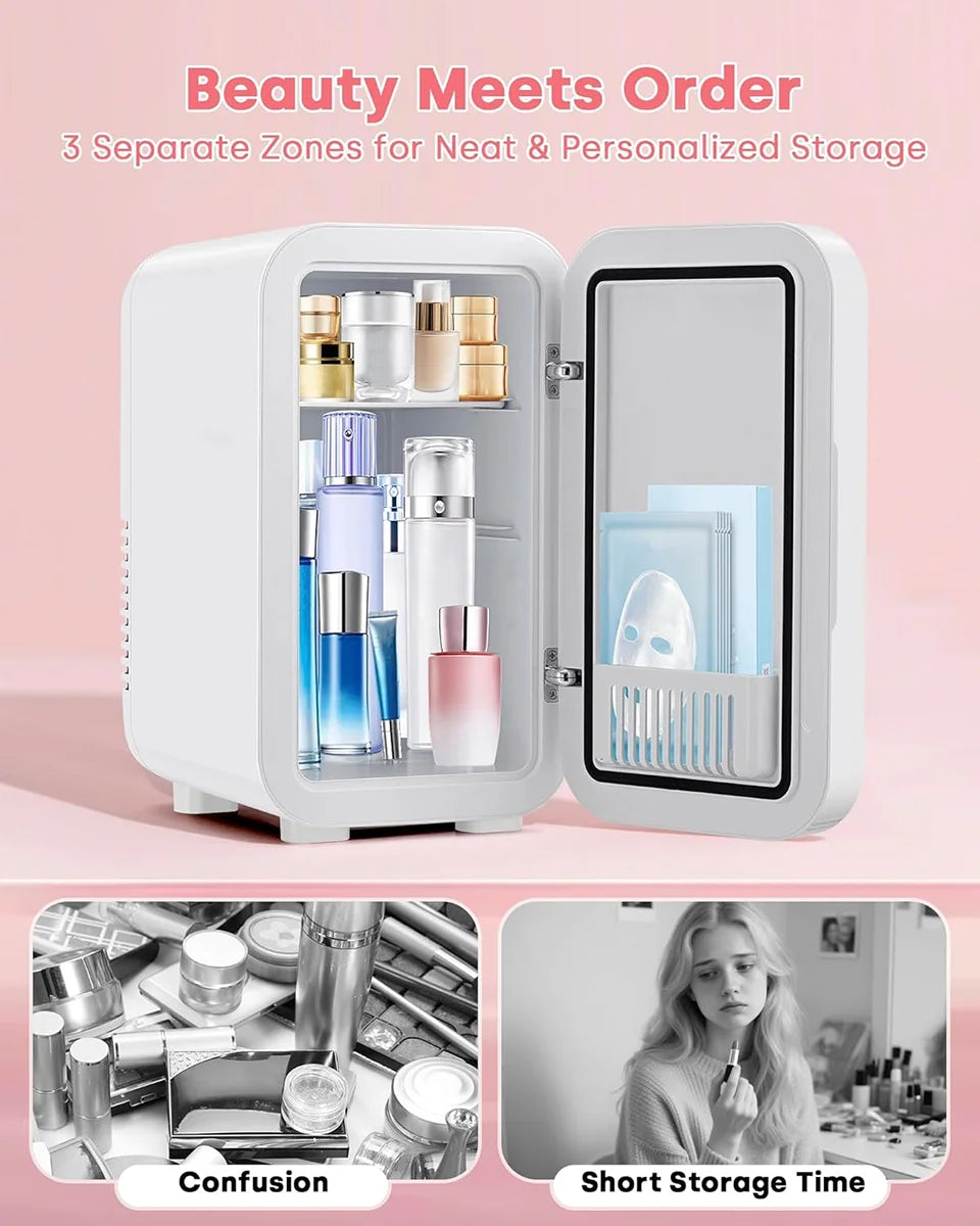 Mini réfrigérateur 4L chaud et froid avec miroir LED – Réfrigérateur de maquillage portable, stockage cosmétique, pour voiture et maison