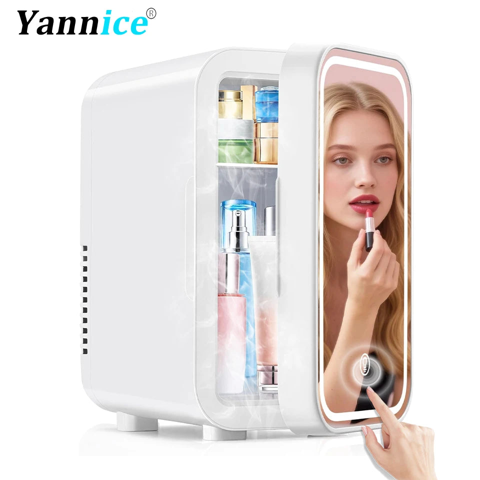 Mini réfrigérateur 4L chaud et froid avec miroir LED – Réfrigérateur de maquillage portable, stockage cosmétique, pour voiture et maison