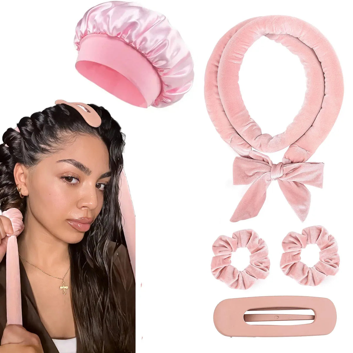 Rouleaux coiffants sans chaleur – Bandeau bouclant, bigoudis doux en satin, bonnet de nuit, outils de coiffage