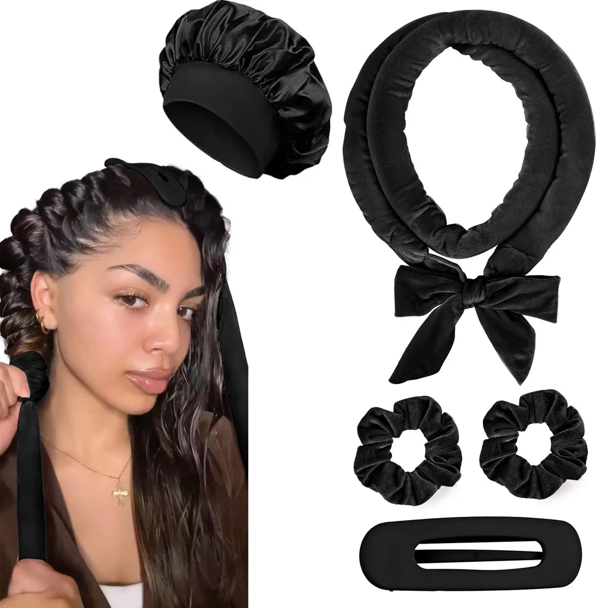 Rouleaux coiffants sans chaleur – Bandeau bouclant, bigoudis doux en satin, bonnet de nuit, outils de coiffage