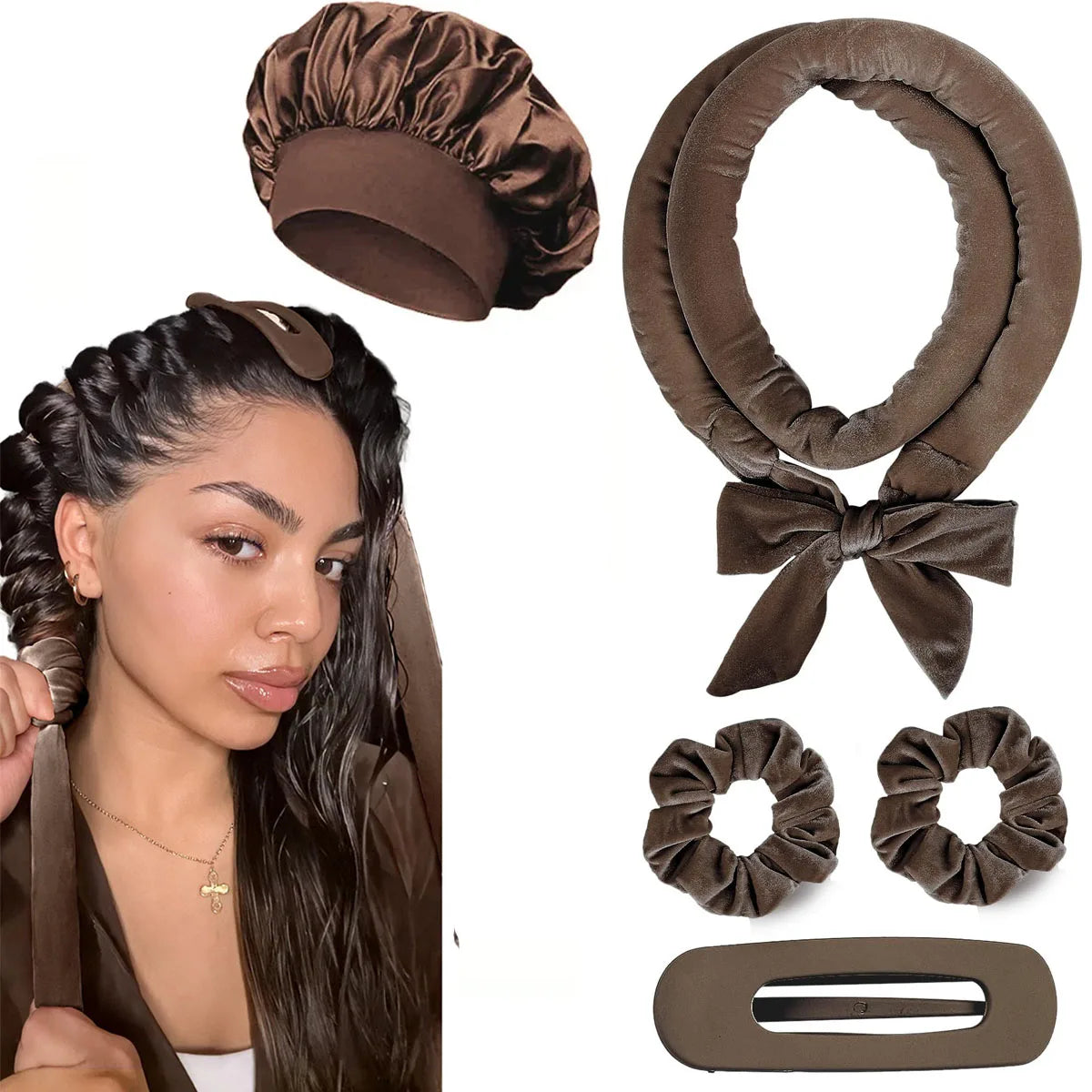 Rouleaux coiffants sans chaleur – Bandeau bouclant, bigoudis doux en satin, bonnet de nuit, outils de coiffage