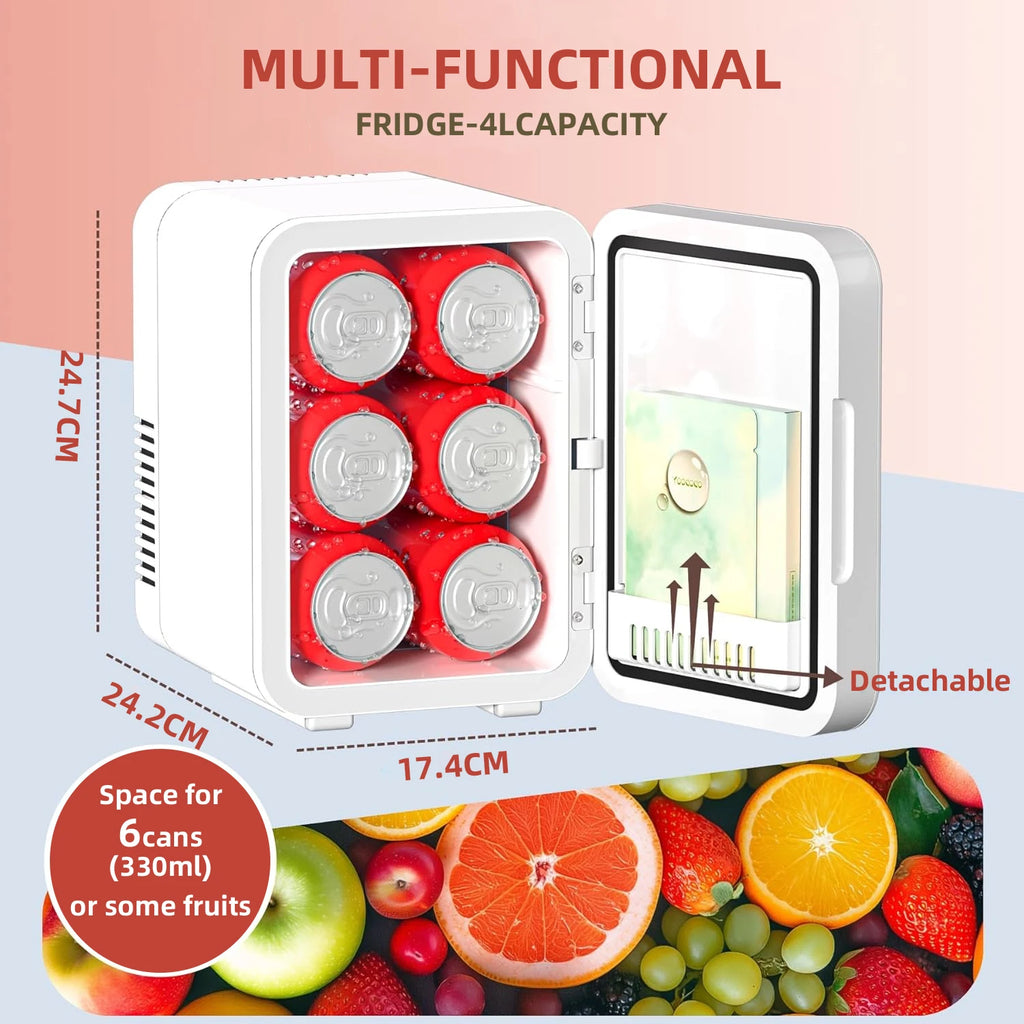 Mini réfrigérateur 4L chaud et froid avec miroir LED – Réfrigérateur de maquillage portable, stockage cosmétique, pour voiture et maison