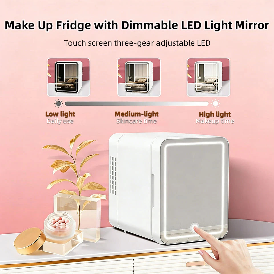Mini réfrigérateur 4L chaud et froid avec miroir LED – Réfrigérateur de maquillage portable, stockage cosmétique, pour voiture et maison