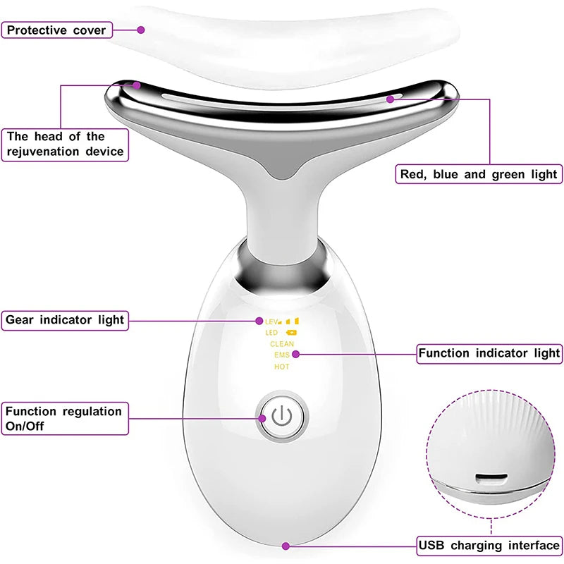 Appareil lifting visage et cou EMS 7 couleurs – Masseur raffermissant, thérapie LED photonique, anti-rides, double menton